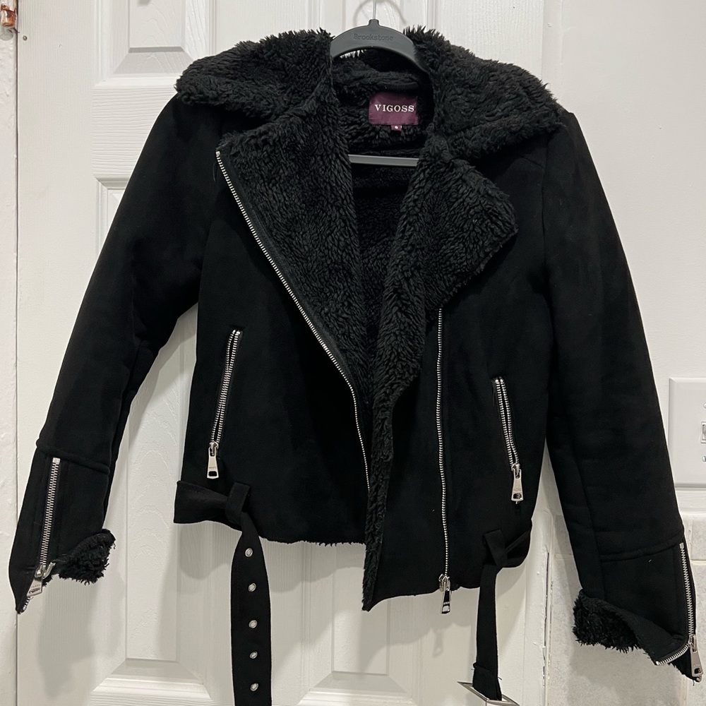 Suede aviator biker jacket with teddy lining